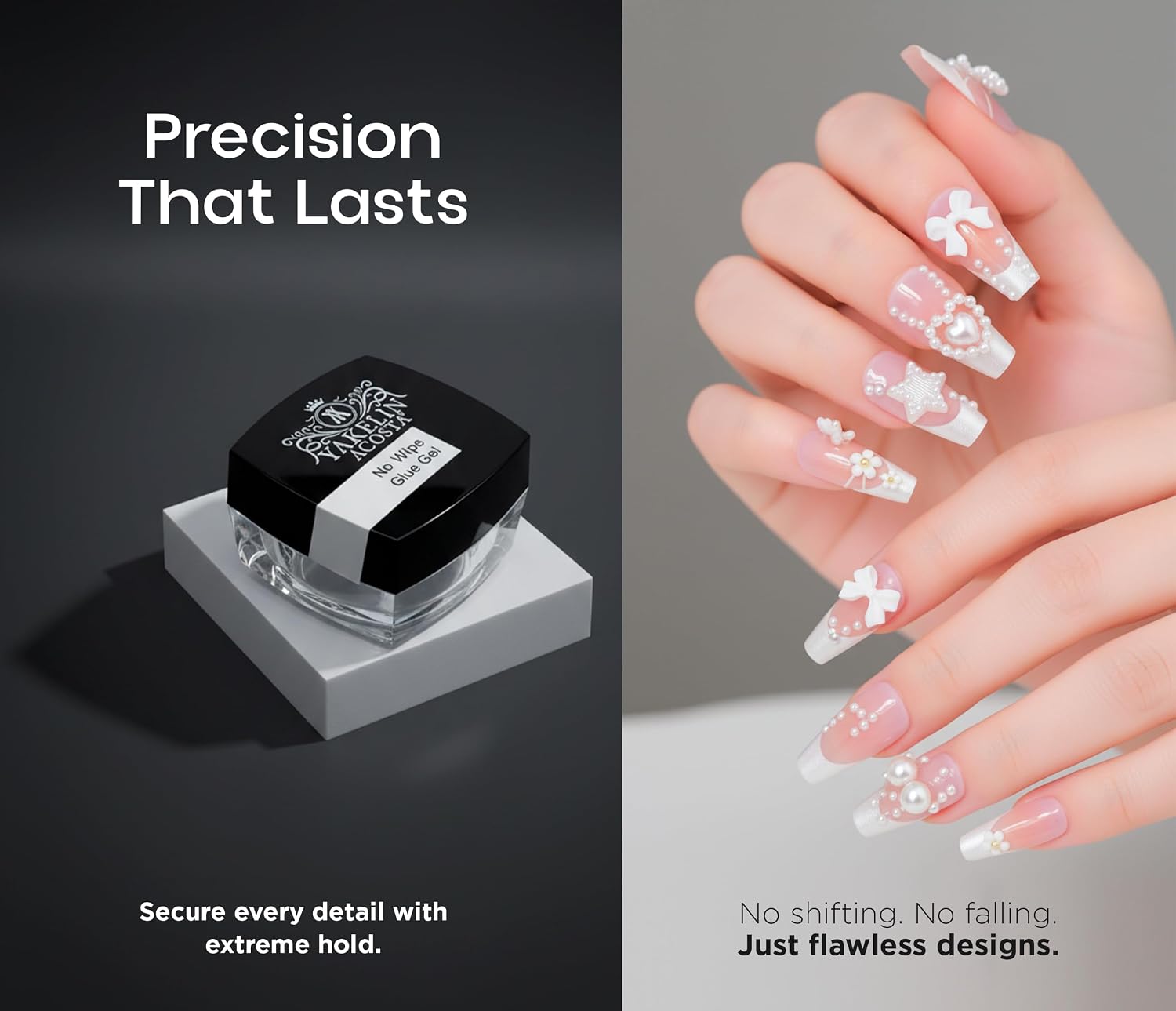 Yakelin Acosta NO WIPE GLUE GEL nail UV LED – rhinestone gel high density, nail charm glue for decorations, strong adhesive for crystals and 3D nail art