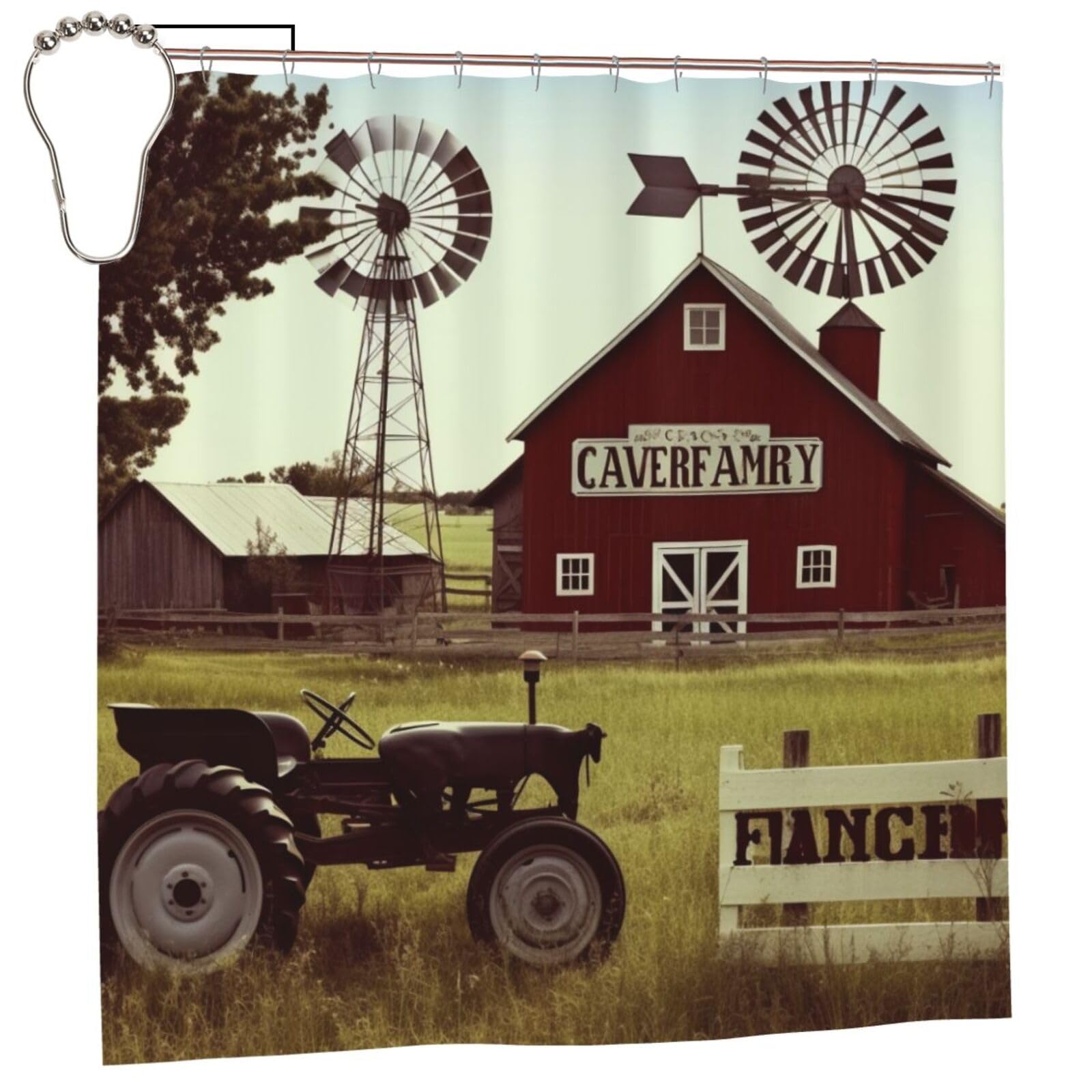 BWWHCCTI Farm Houses Windmill Tractor Printed Shower Curtain With 12 Iron Hooks Opaque Quick Drying Waterproof Shower Curtains Sets For Bathroom 183x183 CM