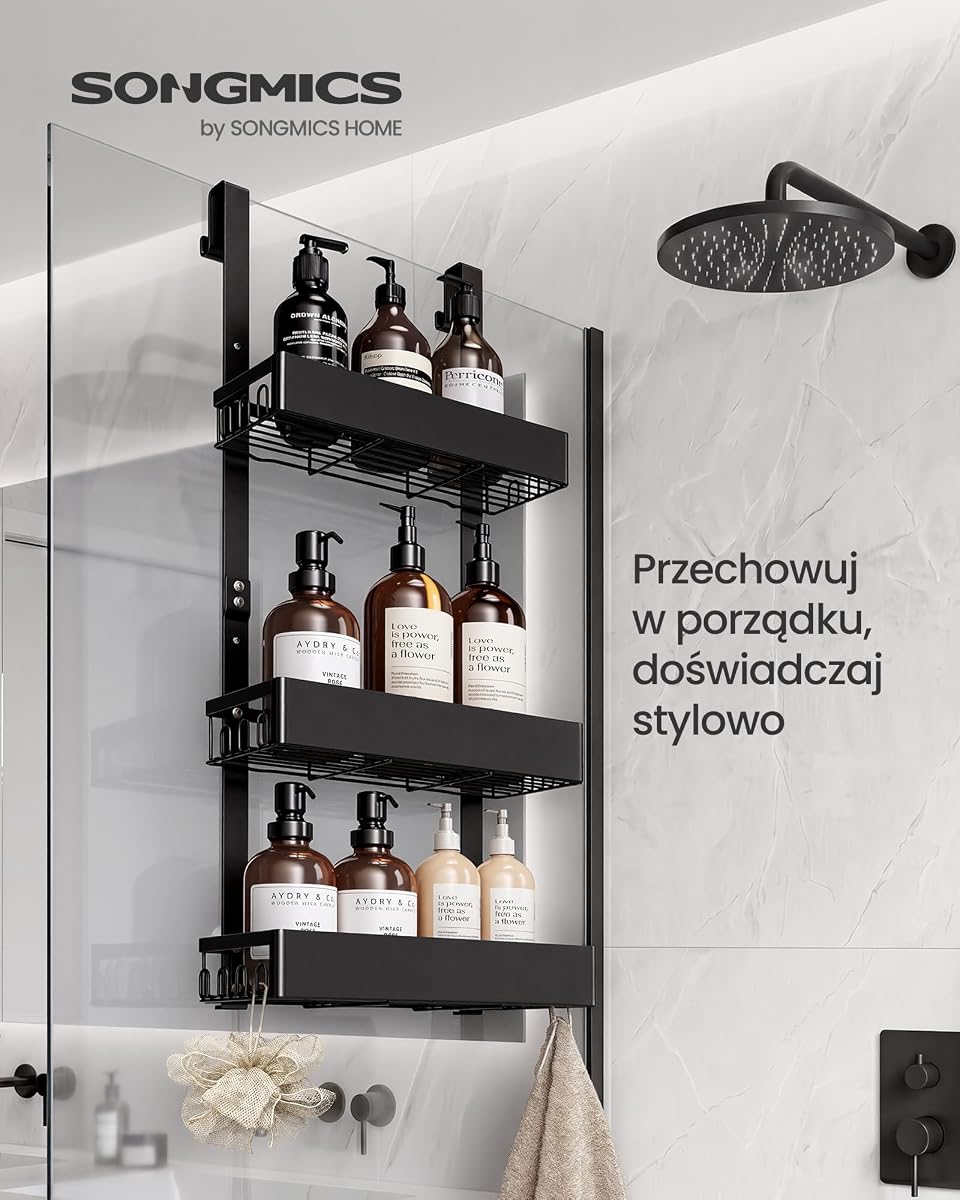 SONGMICS Półka pod Prysznic, Wisząca bez Wiercenia, 3-Poziomowy Organizer