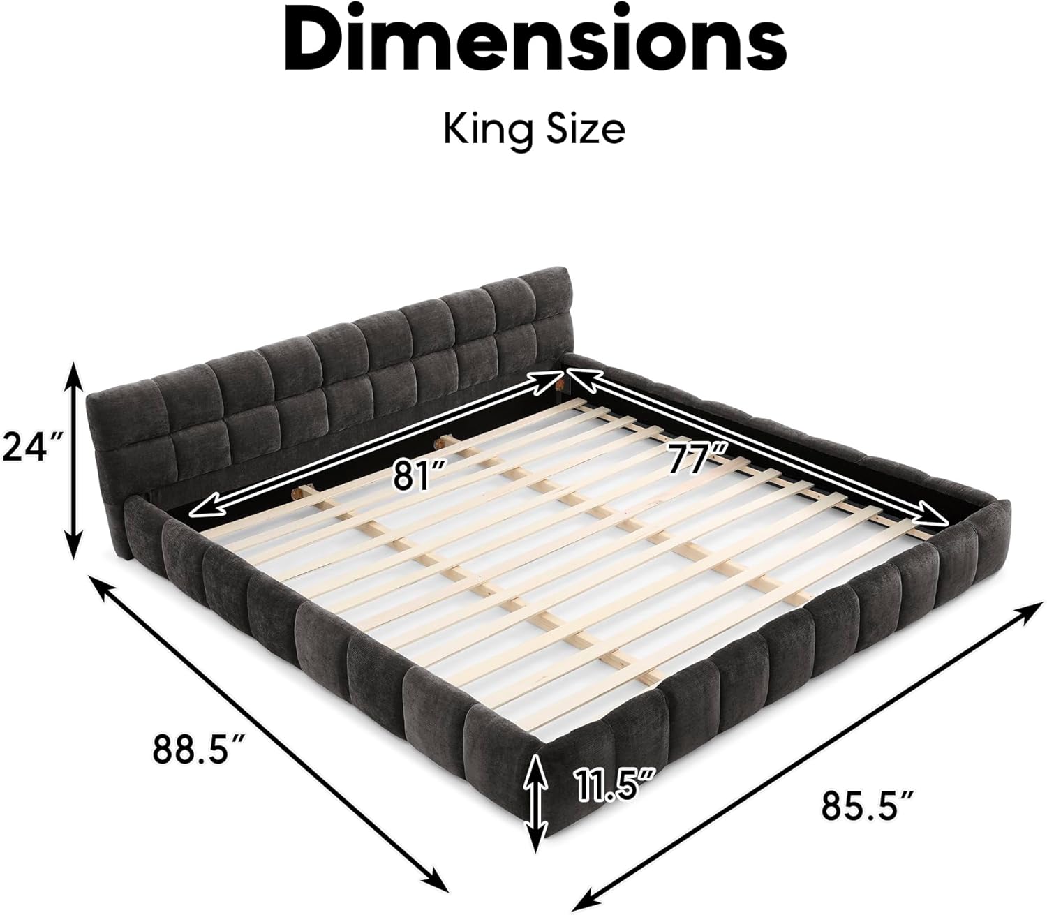 King Grounded Bed Frame with Headboard, Thick Fabric Chenille Upholstered Platform Floor Bed with Sturdy Slats, No Box Spring Needed, Easy Assembly, Dark Gray