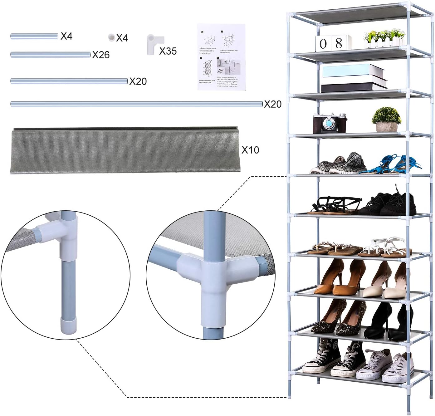 10 Tiers Shoe Rack, Easy Assembled Non-Woven Fabric Shoe Tower Stand, Sturdy Multi-use Shelf Organizer Cabinet for Space Saving Storage
