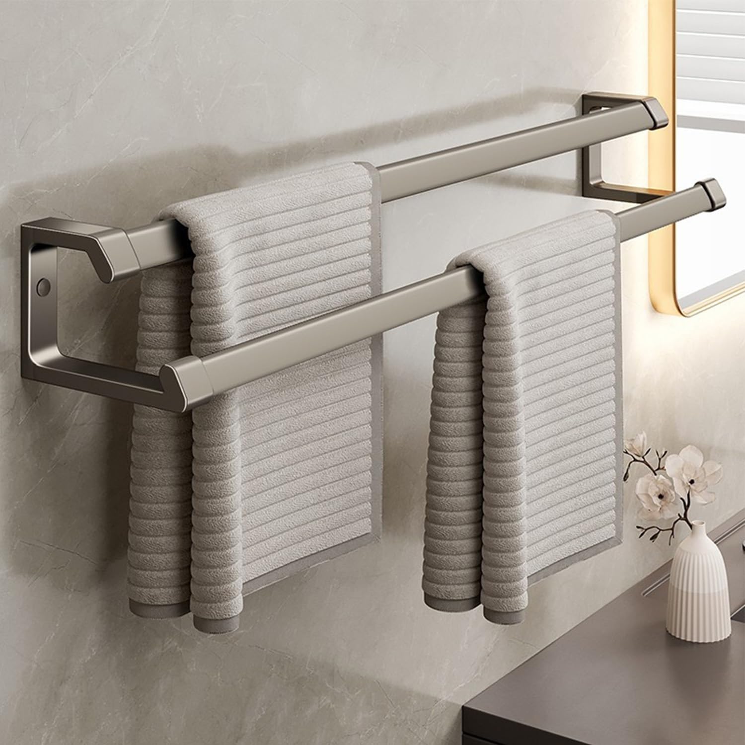 LMYSXAOZ Towel Rod Holder Shelf Rack Hanging For Bath Space Aluminum Thicken Bathroom Dual Bar Wall Mounted Organizer No Drill(70cm/27.5in)