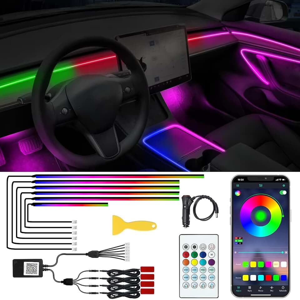 Acrylic Interior Car LED Lights with Remote and Wireless APP 10 in 1,Ambient Lighting Kits Fiber Optic Strip LEDs,16 Million Colors Music&amp;DIY Function