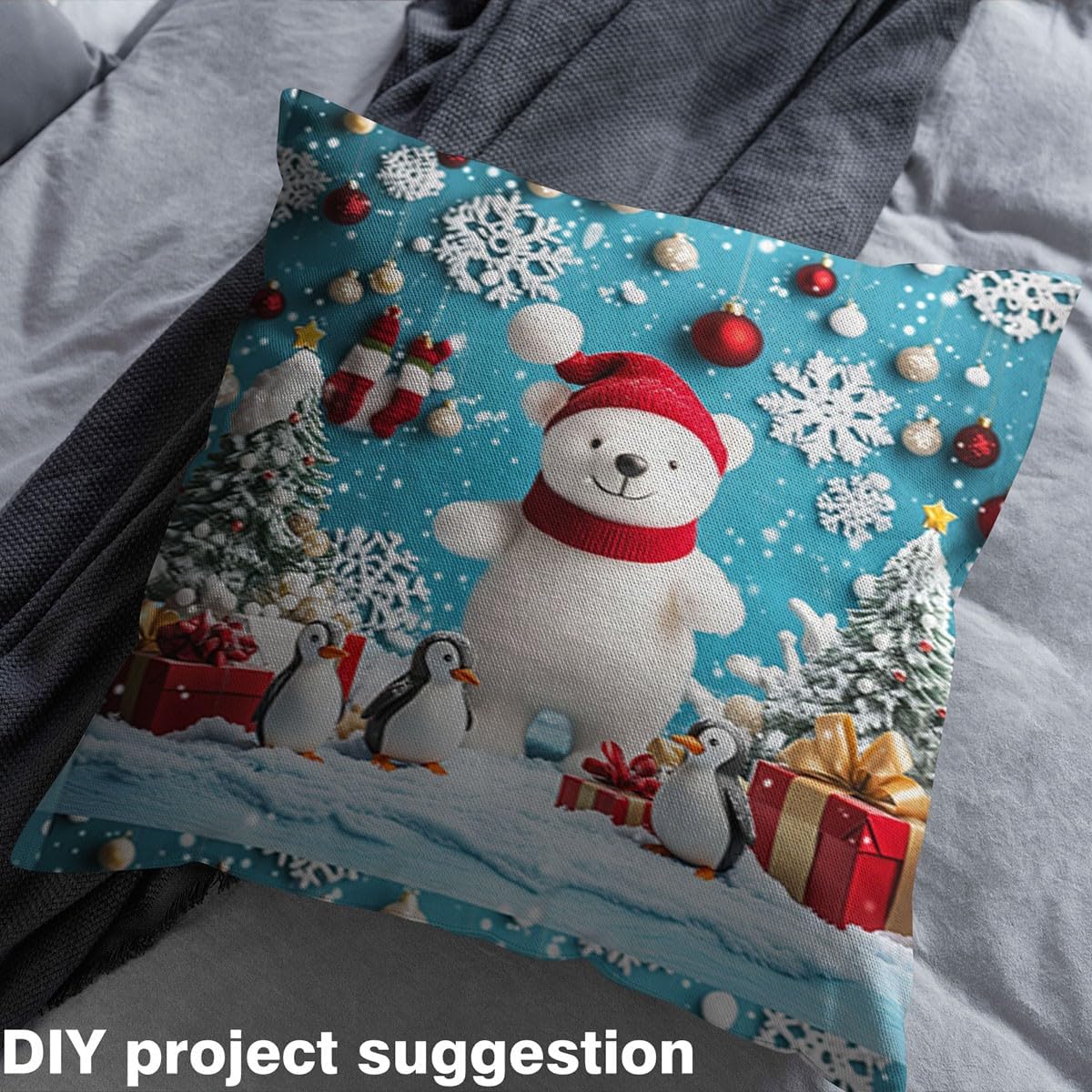 Erosebridal Merry Christmas Upholstery Fabric by the Yard | Kids Cartoon Bear Waterproof Fabric Cute Penguin Antarctica Animals Material for Quilting Winter Magical Snowflake Pattern,5 Yards,Blue Red