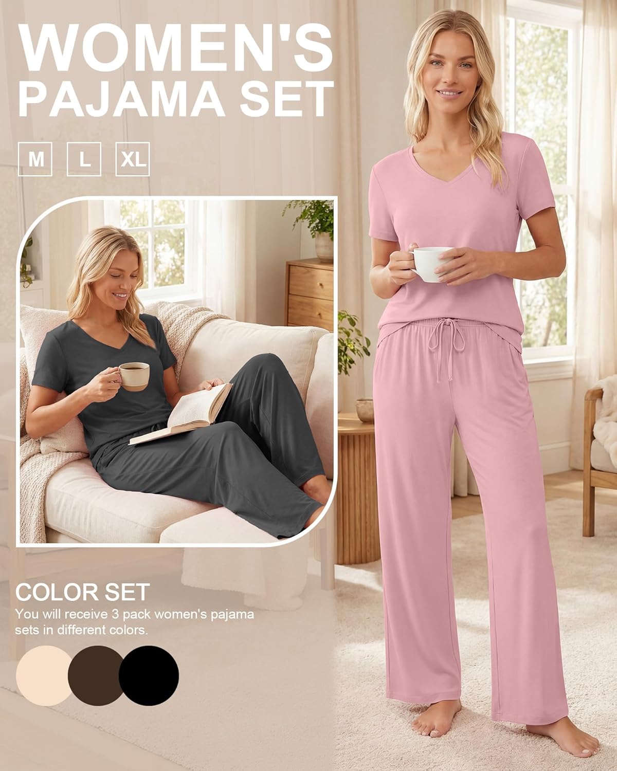 3 Pack Women's Pajama Set Short Sleeve Pajamas Top and Pants V Neck Soft 2 Piece Pjs Set Loungewear with Pockets