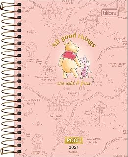 Tilibra - Agenda Espiral Diária 12,9 x 18,7 cm Pooh 2024 - Fundo Rosa- All good things are wild & free