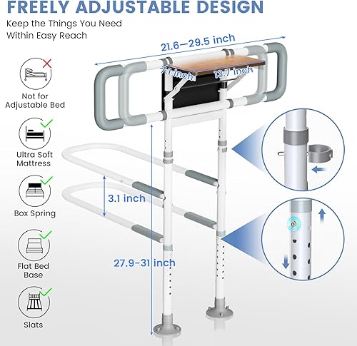Miniatura 7 de Rieles de cama para adultos mayores con mesa auxiliar plegable, tamaño Queen con organizador de almacenamiento y luz nocturna inteligente, riel de
