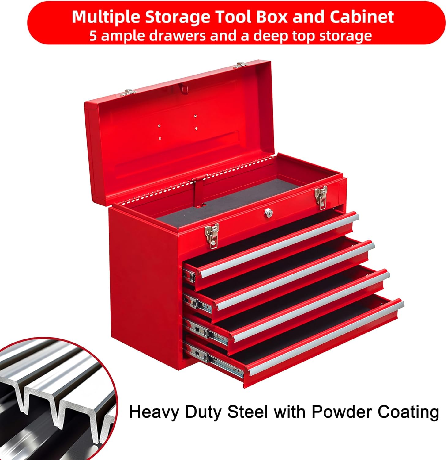 4 Drawers Metal Tool Box Portable Steel Tool Chest with Metal Latch Closure & Key Lock, 20" Portable Drawer Toolbox Storage Tray Toolbox with Handle (4 Drawers - Red)
