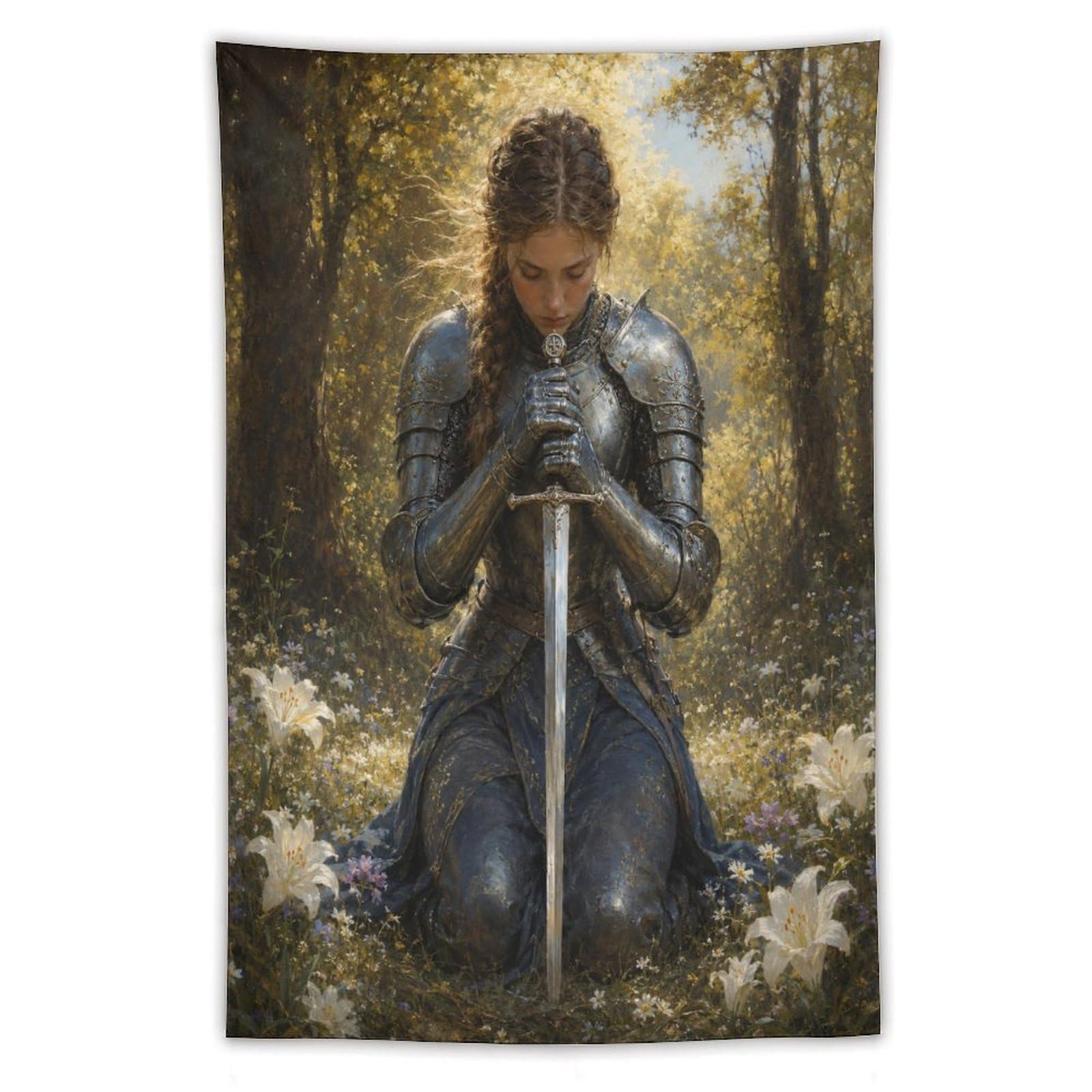 W7C8U2X3 Medieval Female Knight Garden Wall Tapestry, Heroic Sword