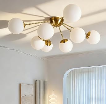 Bagood 8 Light Mid Century Modern Ceiling Light Semi Flush Mount Ceiling Light Fixture Globe Lights Sputnik Chandelier with Milk Glass Shade Brushed Brass Finish for Bedroom Hallway Living Room