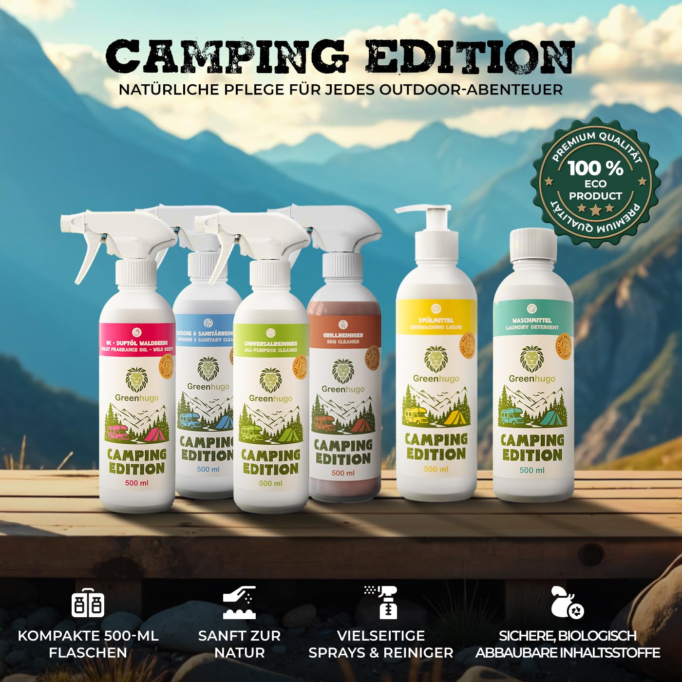 Camping Box – Juego de limpieza premium, 8 piezas, ecológico y vegano, uso general, detergente, limpiador de baño y aseo, detergente, limpiador de barbacoa, idea de regalo para campistas y