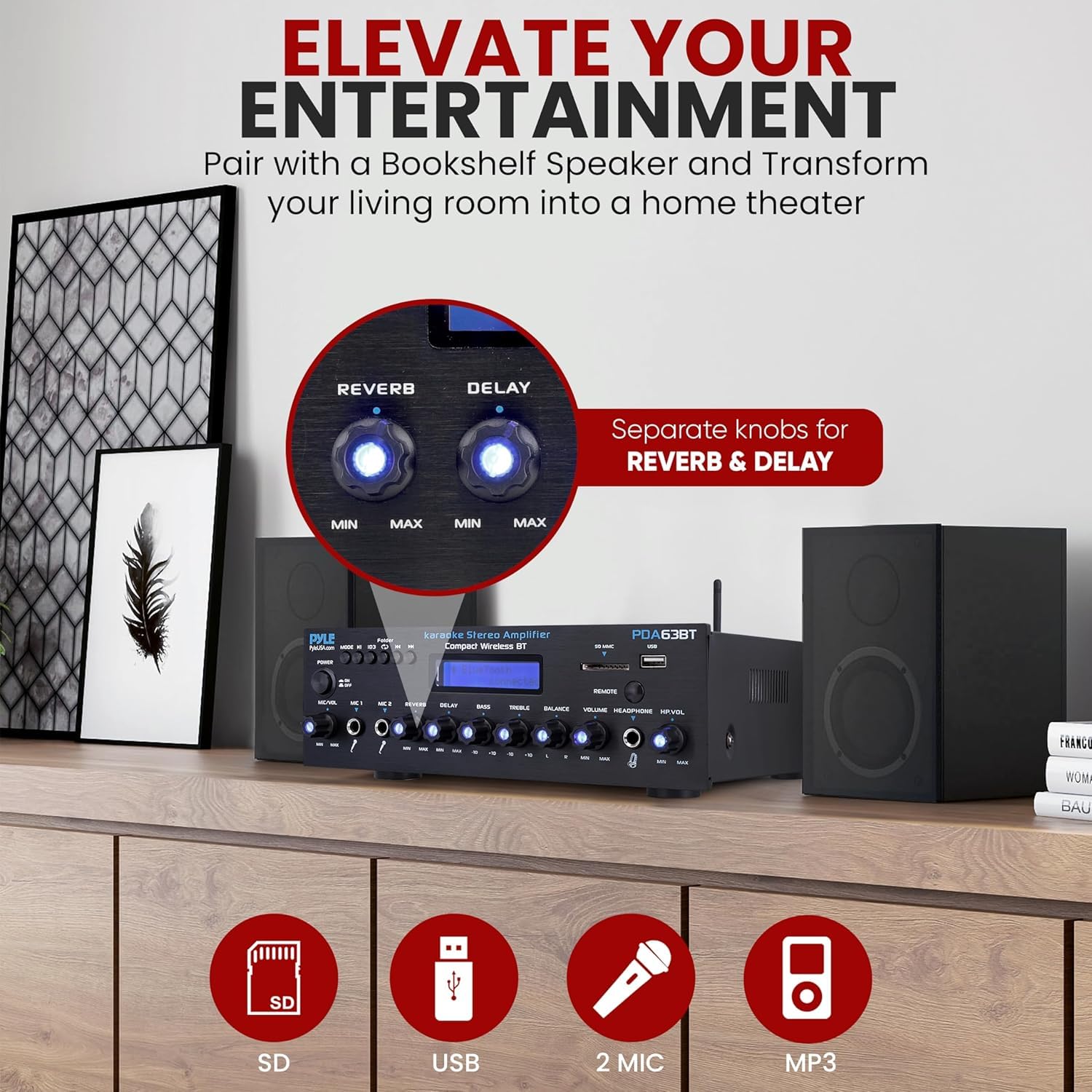 Pyle Amplificatore Audio Stereo Wireless BT, Multi Canale, 200 Watt, Ricevitore Audio Domestico con Radio FM, USB SD, AUX, RCA, Ingresso Microfono, Antenna BT e FM