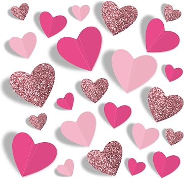 JarThenaAMCS 3D Heart Wall Stickers Valentines Day Wall Decorations 3D Glitter Pink Heart Wall Stickers Waterproof Window Decals for Wedding Anniversary Party Supplies, 48 Pcs, 4 Sizes