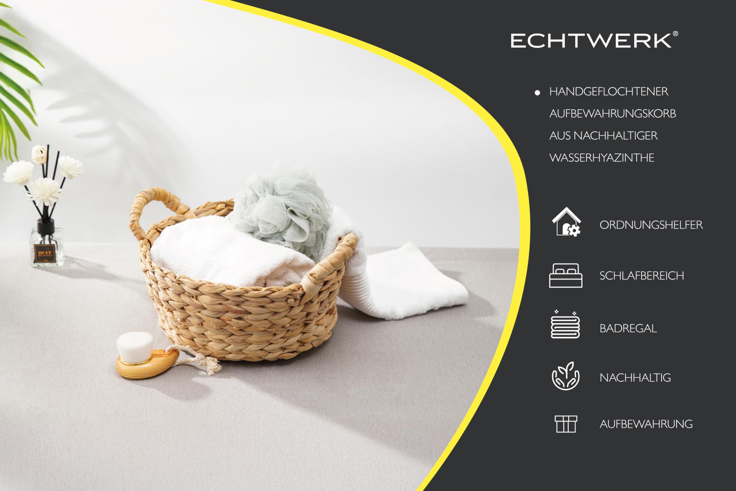 ECHTWERK Corbeille de rangement en jacinthe d'eau, Ronde, 30 x 24 x 16 cm, coloris naturel, panier tressé avec poignées pour salle de bain, bureau & salon