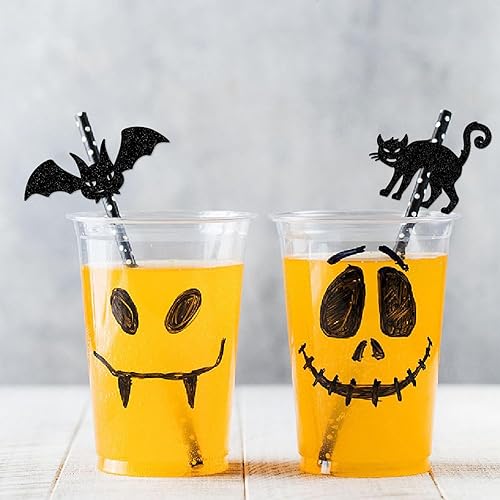 Miniatura 4 de 27 popotes de papel de Halloween, diseño de calabaza, murciélago, esqueleto, gato, bruja, castillo, calcomanía, pajitas desechables, pajitas de