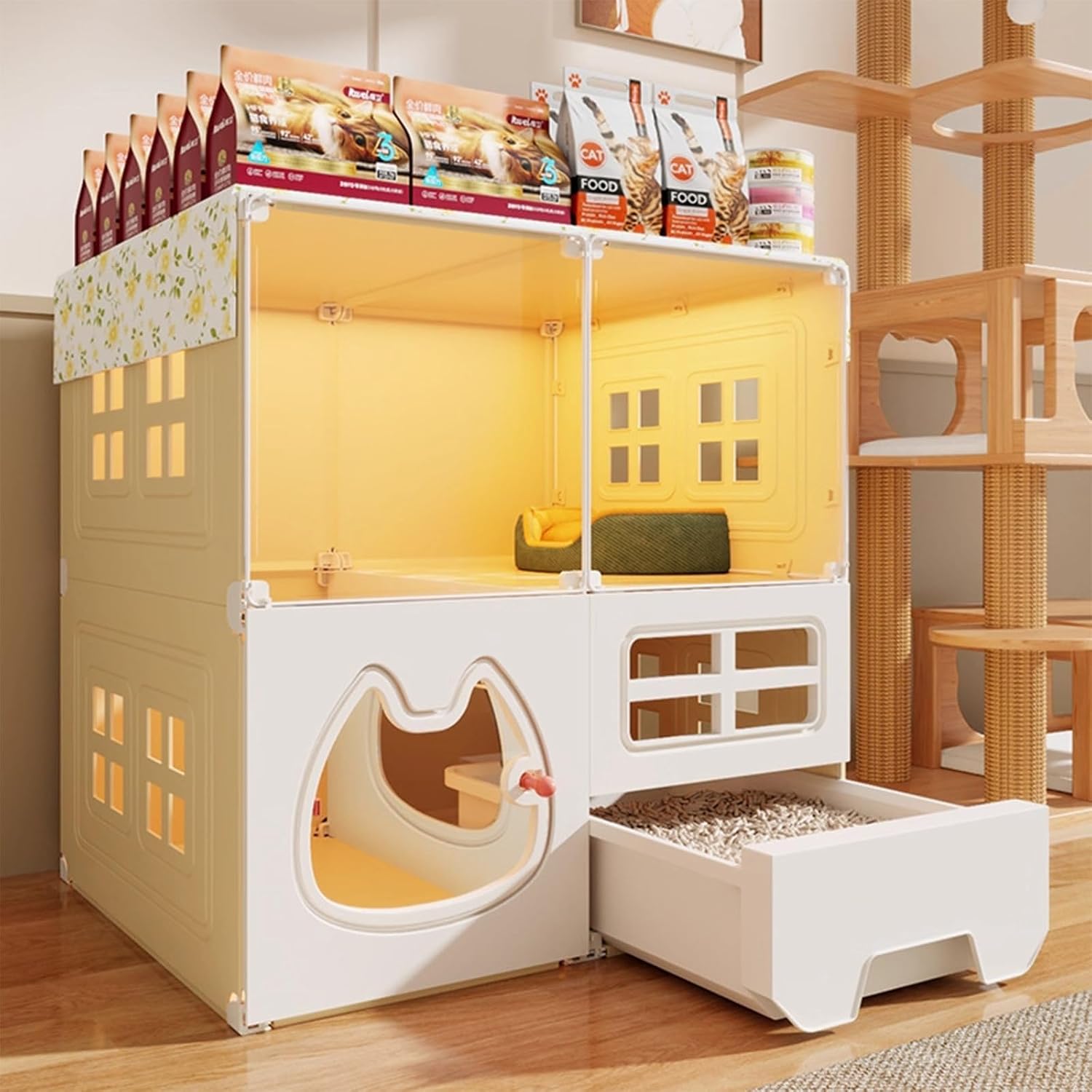Cat Cage Indoor with Litter Box, Large Cat Enclosure with Complimentary Bed, Multi-Feature Pet Playpen for 2-3 Kittens, Small Animal Cagefor Bedroom, Living Room, Patio White 1F-106cm