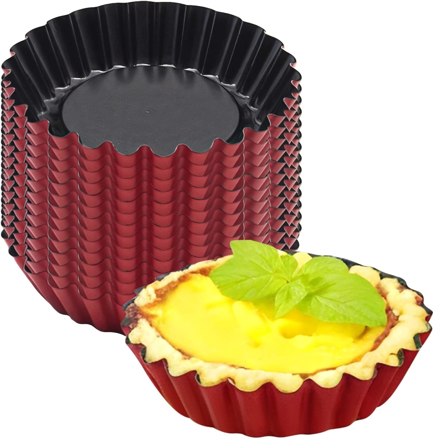 16 Pcs 3 Tart Molds, Non-Stick Baking Pans, Removable Bottom, Carbon Steel Construction, Red/Black Design