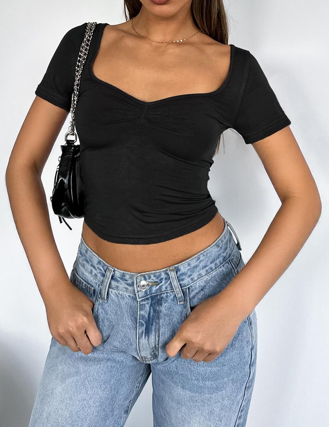 Women's Short Sleeve Going Out Crop Top Sexy Pleated Cute Shirt Sweetheart Neck Y2K Ruched Cropped Tops - Image 3