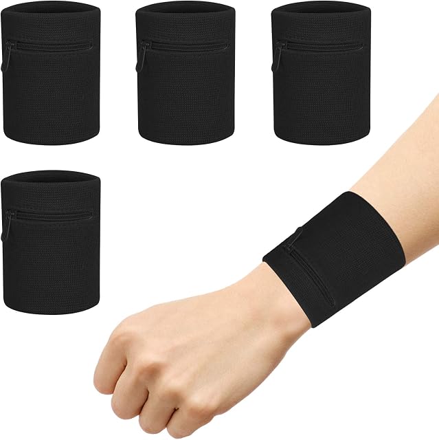 CHALA 4pcs Zipper Sports Wristband,Wrist Wrap Wallet Absorbent Sweatbands Pouch Store Key ID Cards Coins for Men & Women Outdoor Walking Hiking Running Travel