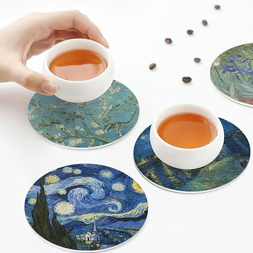 Miniatura 6 de Van Gogh - 4 posavasos redondos de cuero para pintura artística para protección de mesa, decoración de bar y hogar