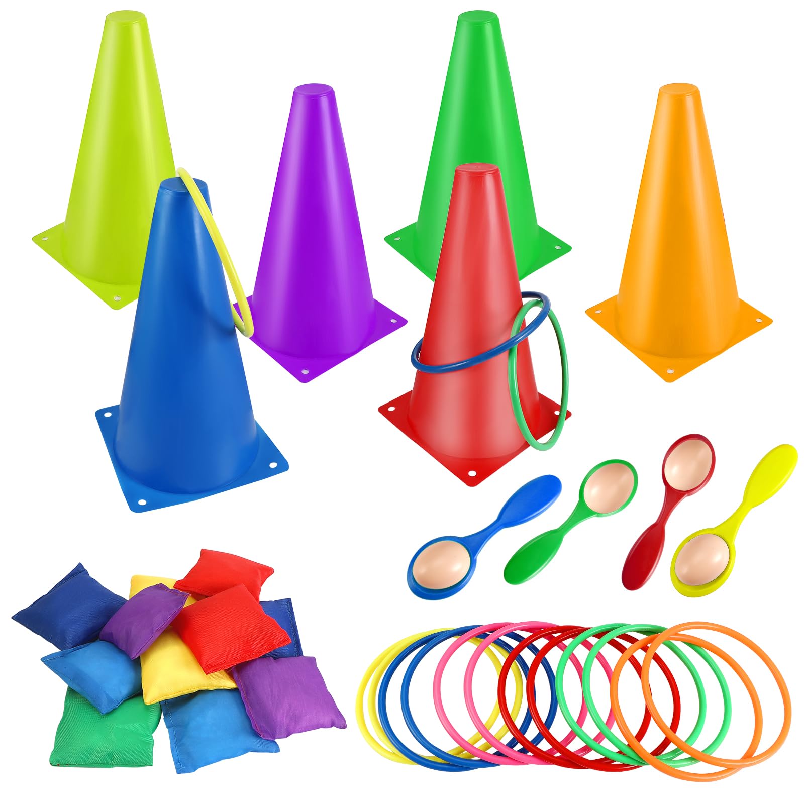 Juego de Lanzamiento 4 en 1, Juego de Lanzamiento de Anillos, Bolsa de Arena, Lanzamiento de Huevo, Cuchara, Equilibrio para Interiores, Exteriores, Deportes al Aire Libre, Fiesta en el jardín