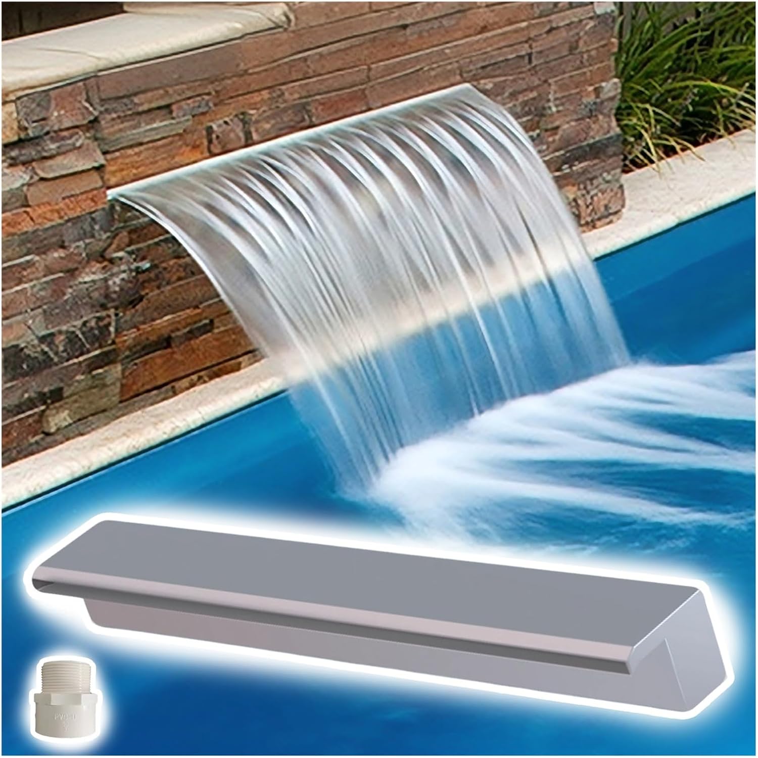 Stainless Steel Pool Fountain Kit - 180cm Modern Waterfall Spillway for Garden & Pond, Sleek Embedded Design, Outdoor Water Feature, Silver Finish, Ideal for Pool Landscaping