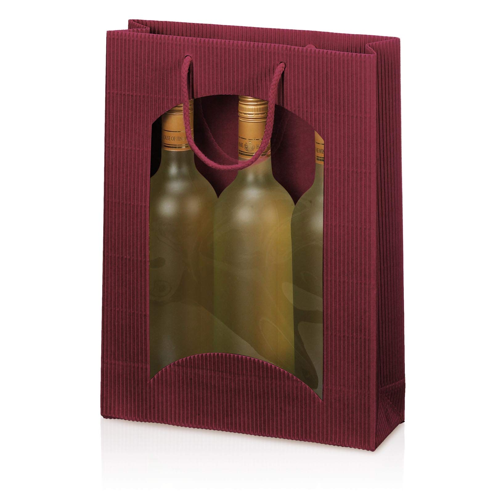 Tragetüte Welle Bordeaux mit Fenster für drei Flaschen, Maße: 250 x 85 x 360 mm, VE: 20 Stk.