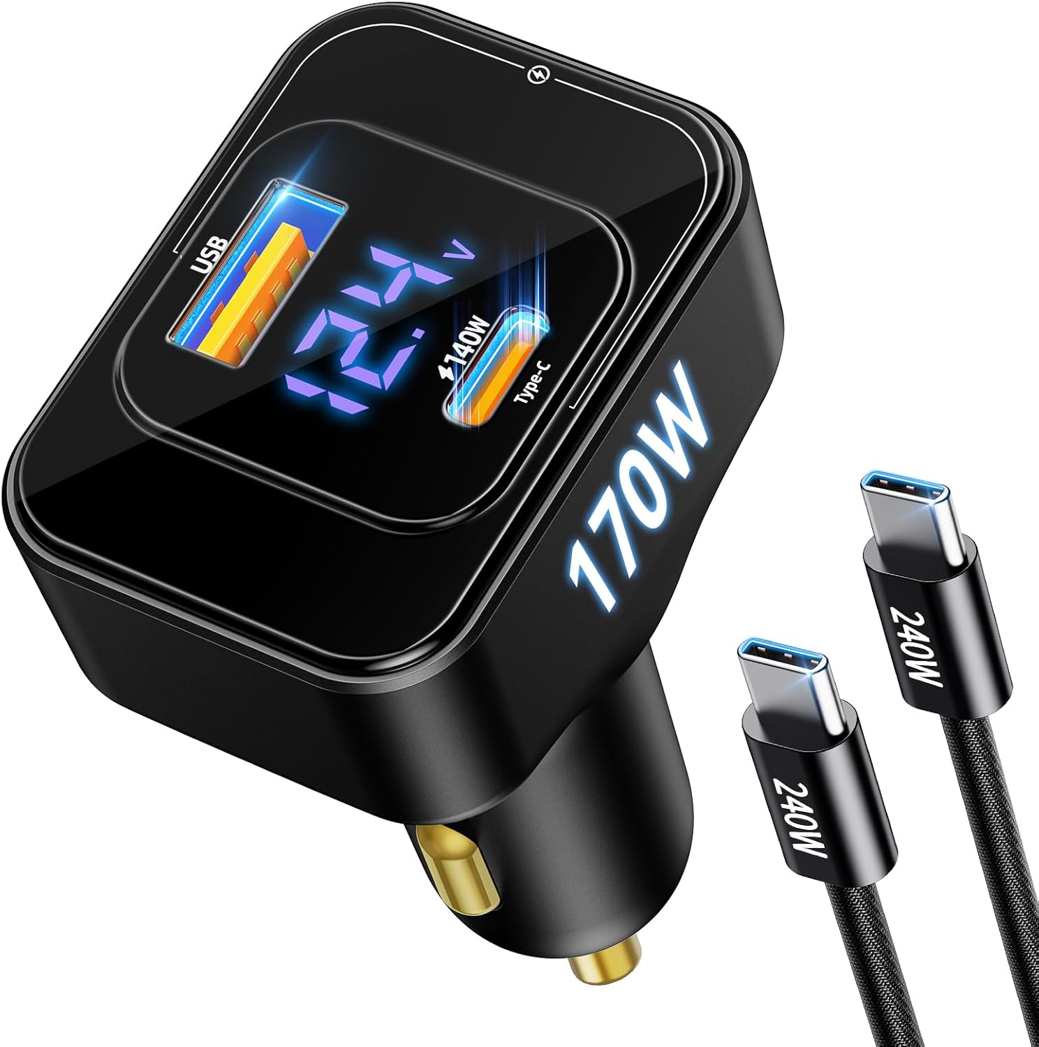 24V Super Fast Truck Charger Apater 12V 170W Car Charger USB C with Voltage Display Cigarette Lighter Adapter for iPhone 16 Samsung Galaxy S25/S23 Ultra Laptops