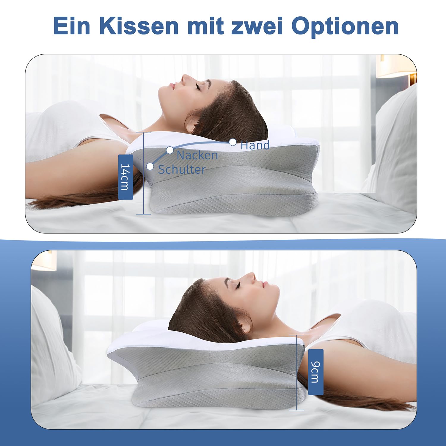 DONAMA Memory Foam Nackenkissen Ergonomisch, 6-Zonen-Kontur, Kühlend & Atmungsaktiv, mit Armauflage & Zwei Höhen