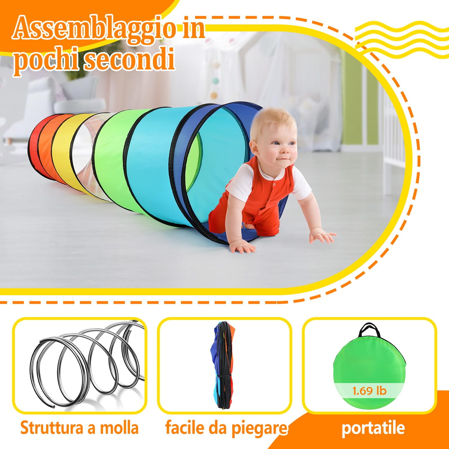 Wilwolfer Tunnel Gioco per Bambini - Alta Qualità 180cm Tenda Bambini con Mesh - Pieghevole Pop-upTubi Gioco Regalo Giocattolo Interni Esterni Giardino (Arcobaleno)