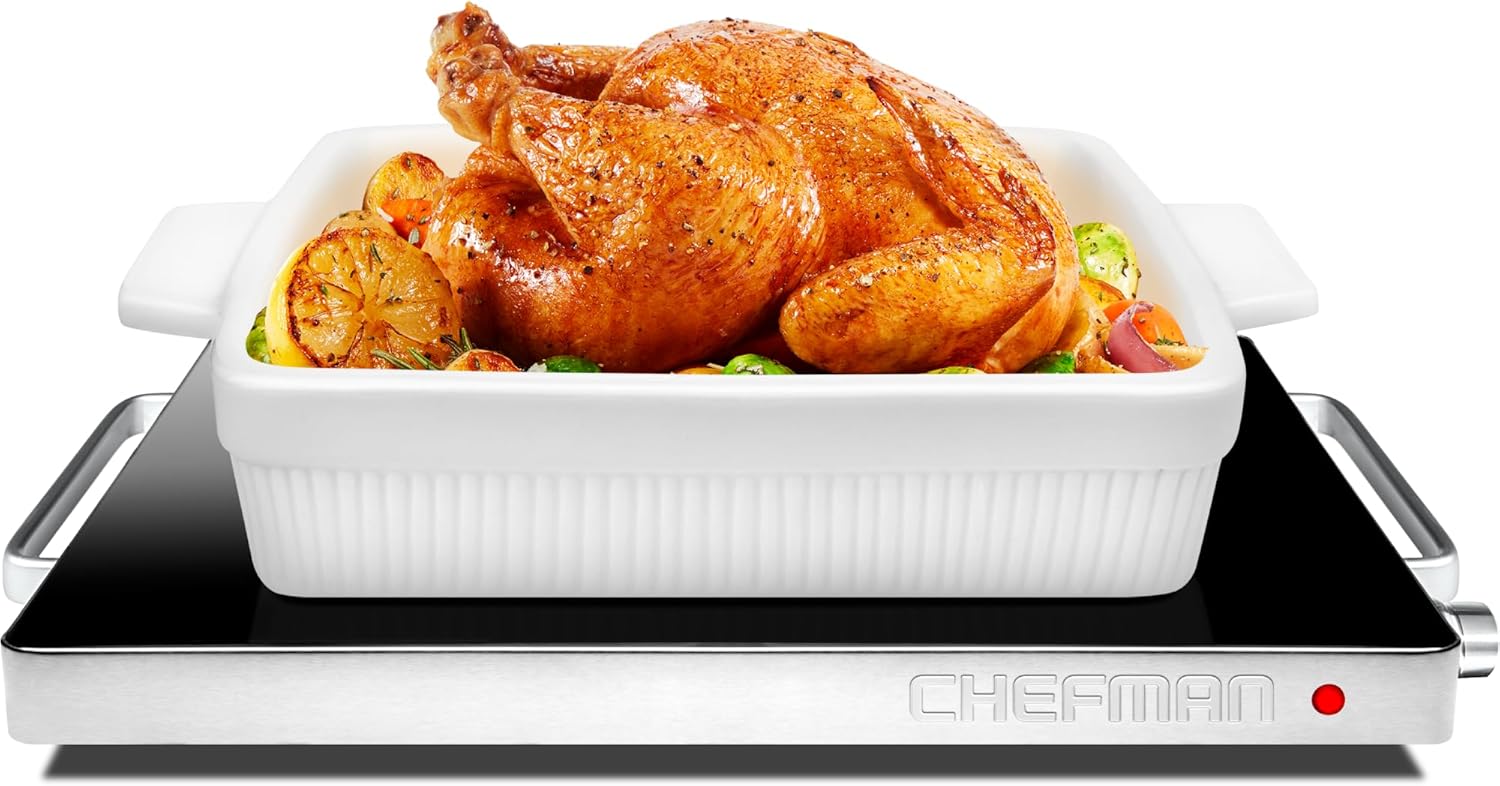 Chefman Compact Glasstop Warming Tray with Adjustable Temperature Control Perfect for Buffets, Restaurants, Parties, Events, Home Dinners and Travel, Mini 15x12 Inch Surface, Keeps Food Hot, Black