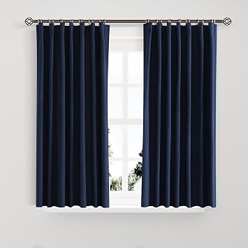 Joywell 100% Blackout Linen Curtains 45 Inches Long for Cafe Kitchen 2 Panels Set Black Out Curtain Light Blocking Drapes for Bathroom Small Short Window Back Tab Hook Belt 52 x 45,Navy Blue