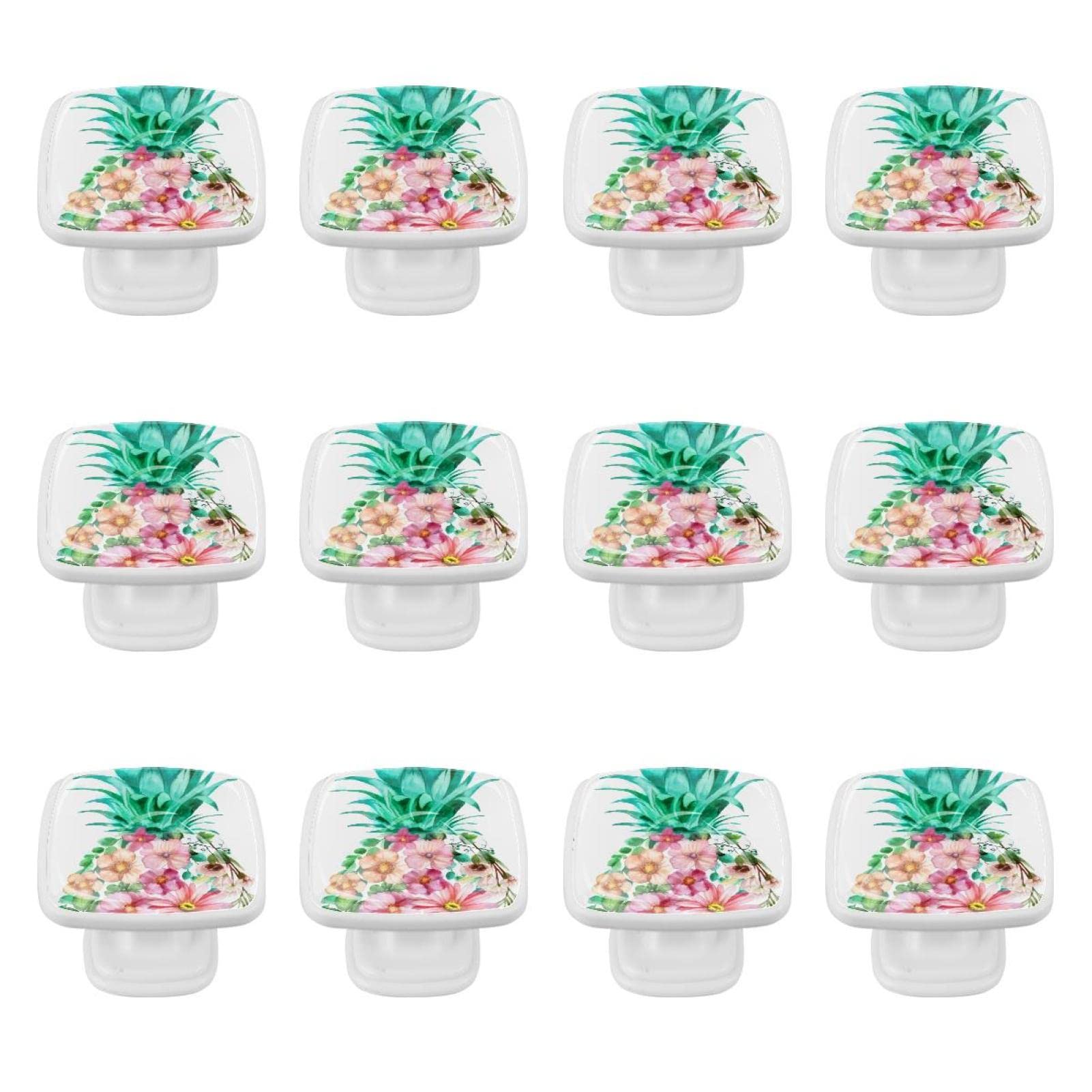 TBOUOBT 12er-Pack Küchenschrankknöpfe, Schubladenknöpfe, Kommodenknöpfe, Schubladengriffe, Kommodenschubladen, Griffknöpfe,Tropische Frucht Ananas hawaiische Blume