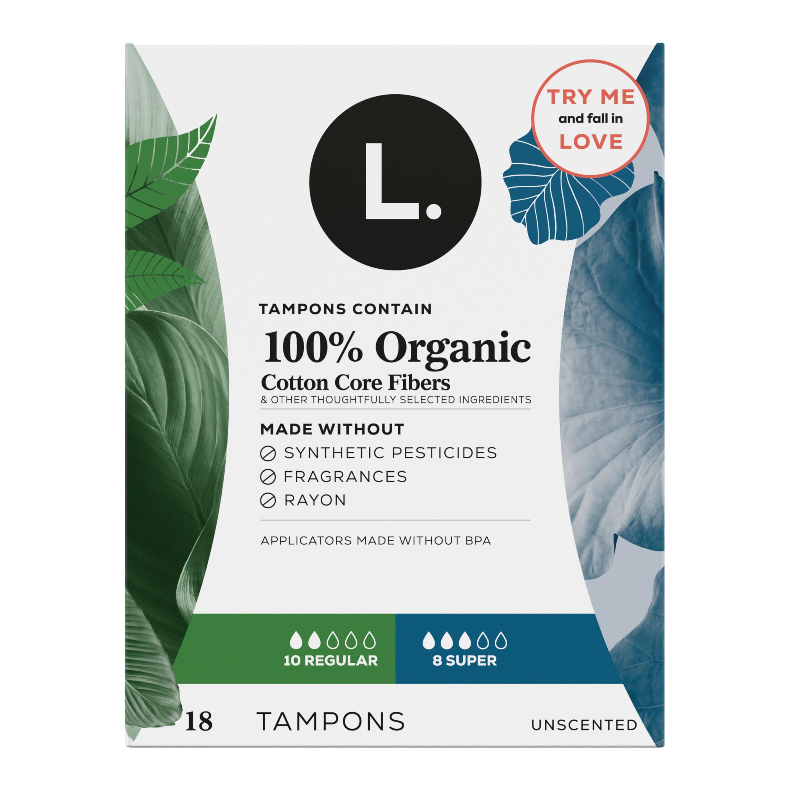L. Tampons, Made with Organic Cotton, Regular/Super Absorbency, Multipack, Made Without Synthetic Pesticides, Rayon or Fragrances, Applicator Made Without BPA, Leak-Stopping Design, 18 Count