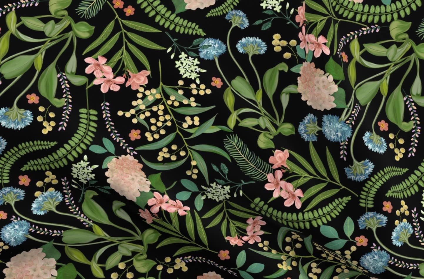 Spoonflower Fabric - Spring Bloom Black Flowers Illustration Hawaii Springtime Flora Fauna Printed on Petal Signature Cotton Fabric Fat Quarter - Sewing Quilting Apparel Crafts Decor