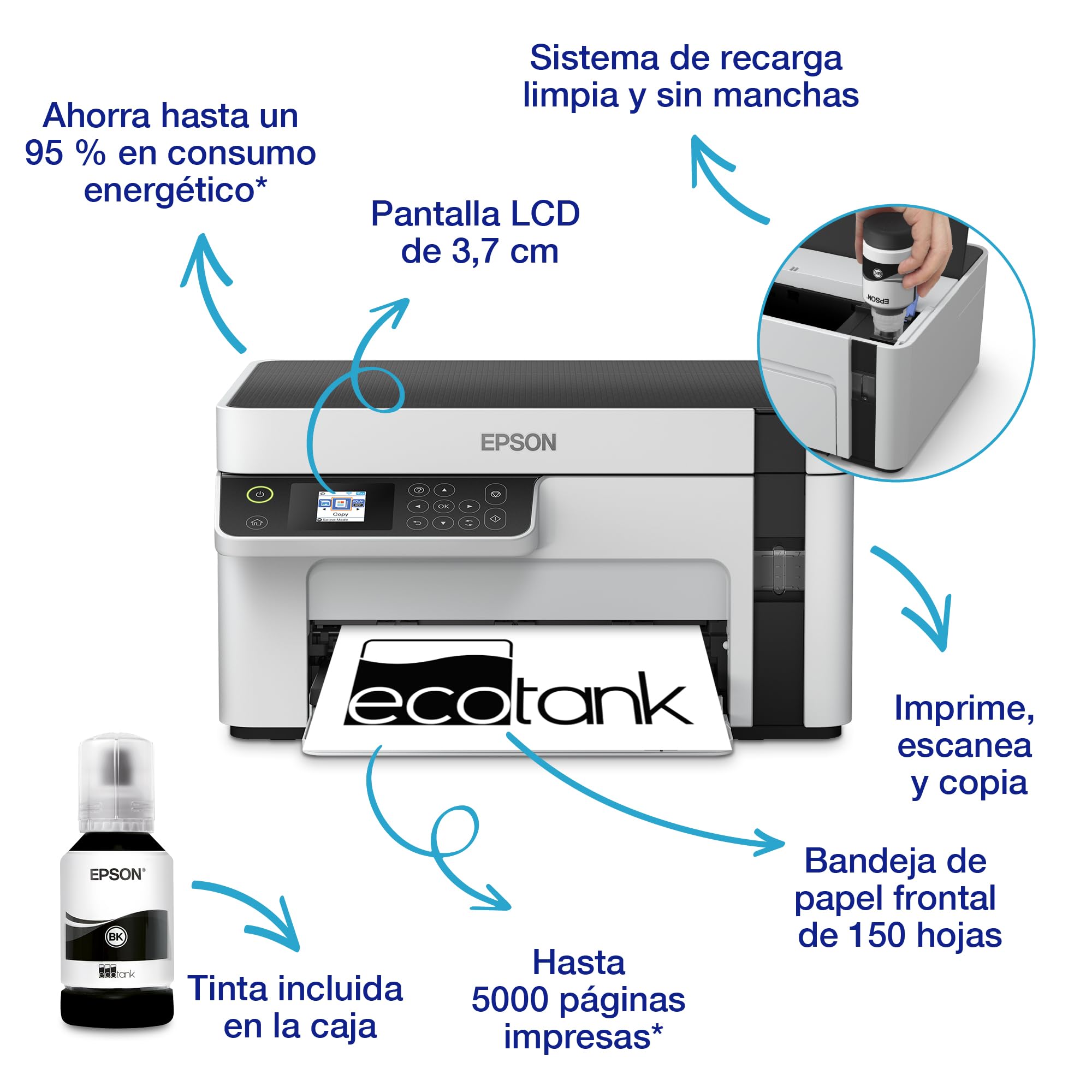 Epson EcoTank ET-M2120 Impresora de Depósito de Tinta | Impresión Monocroma | Wi-Fi | A4 | Imprimir, Copiar, Escanear | Imprime Doble Cara | Pantalla LCD 3,7cm