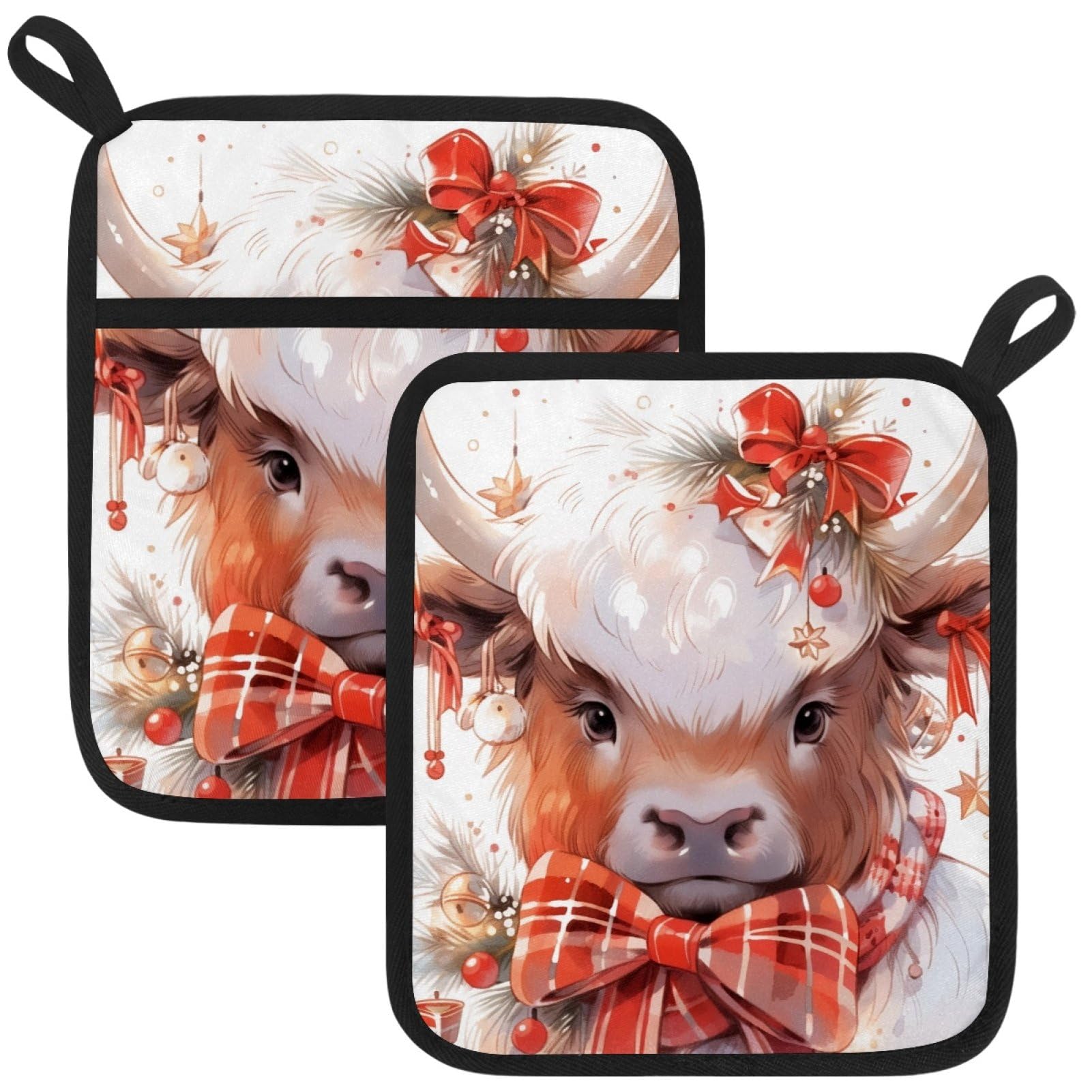 VAPOKF Christmas Highland Cattle Pot Holder, Heat Resistant Oven Cloths, Potholders & Oven Gloves, for Kitchen Cooking & Baking, Thick & Safe, Protection of Hands From Hot Utensils