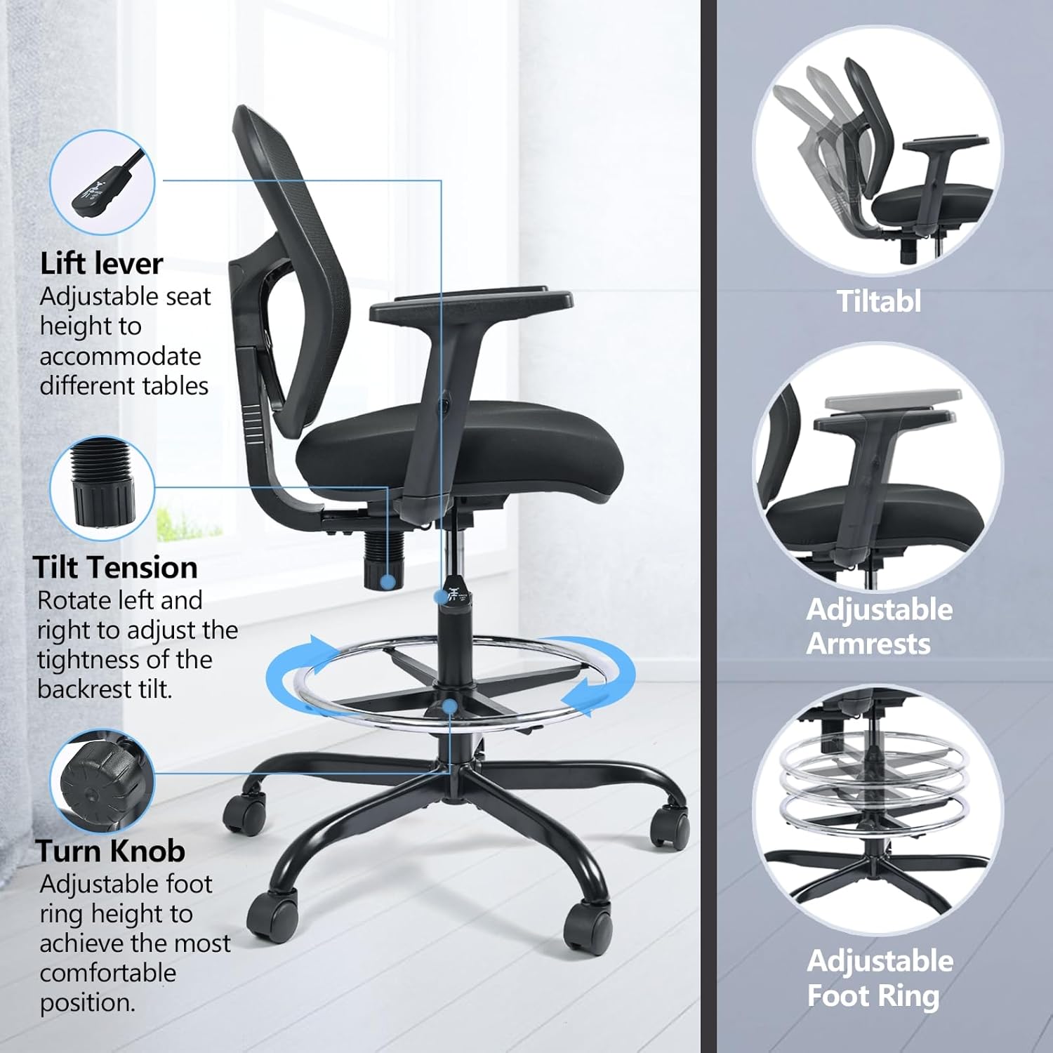 Drafting Chair, Tall Office Chair Ergonomic Standing Desk Chair,Rolling Desk Chair with Adjustable Armrest & Foot Ring,SGS Certified Gas Cylinder,High Rebound Sponge. (Black)