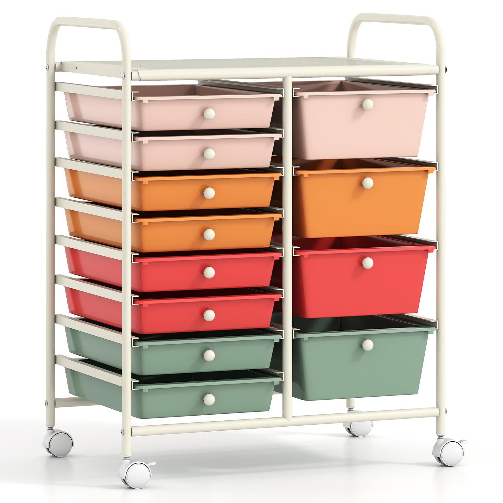TANGZON 12 Drawers Storage Cart, Rolling Utility Cart with Lockable Wheels, Multipurpose Mobile Trolley Organizer for Home Office Stationery Beauty Salon (Macaron, 63 x 37 x 75cm, 2 Sizes Drawers)