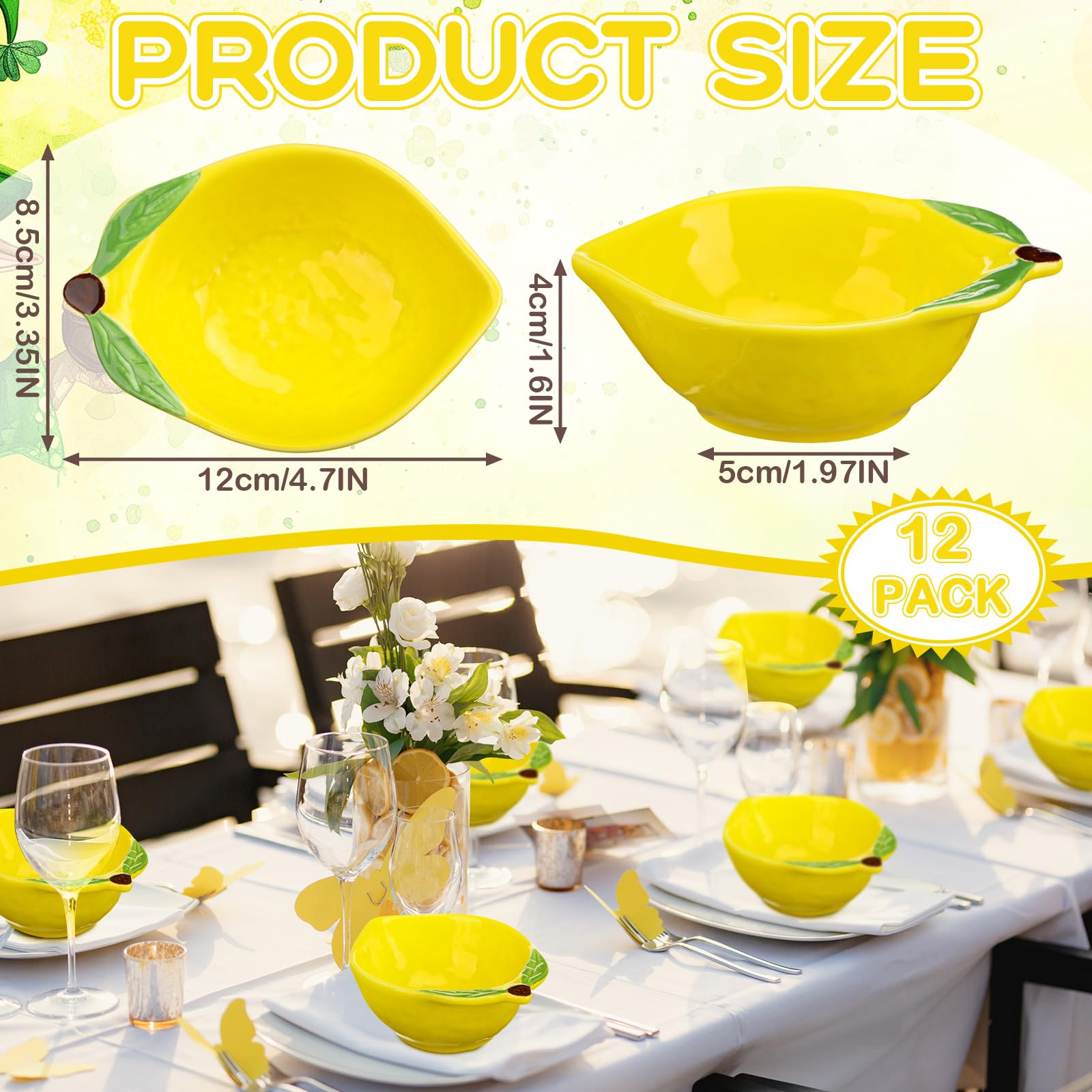 Tioncy Lot de 12 petits ramequins à dessert en céramique jaune citron, 170 g, passent au four, bols à assaisonnement pour servir de la sauce, des collations, du pudding
