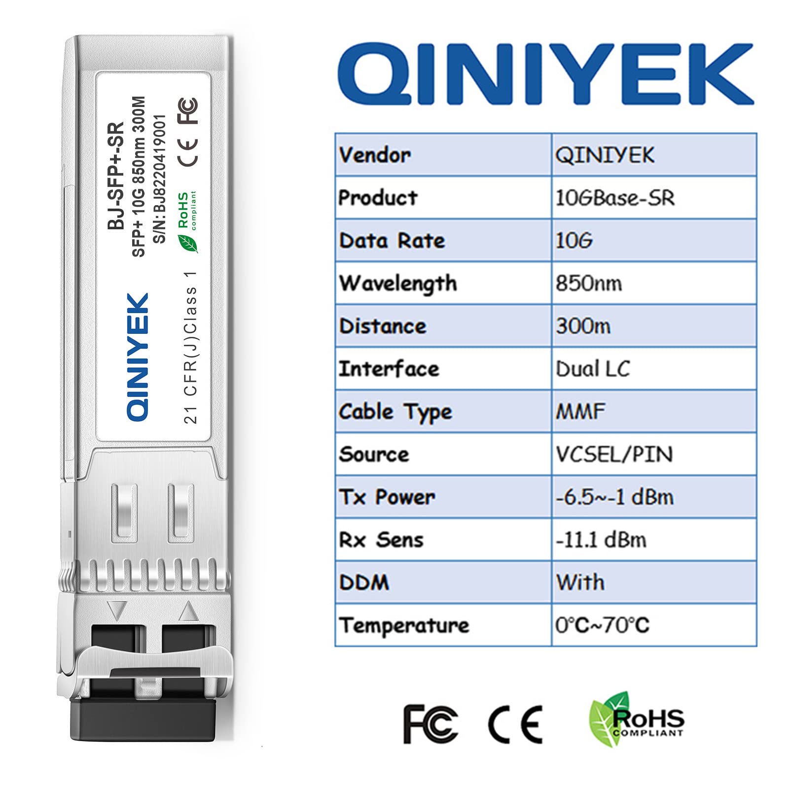 QINIYEK 10GBase-SR SFP Transceiver, 10G Multimode SFP LC Module, 850nm MMF, tot 300 m, Compatibel met Cisco SFP-10G-SR, Ubiquiti UF-MM-10G, Fortinet, Mikrotik, Netgear, Supermicro (pak van 2 QINIYEK 10GBase-SR SFP Transceiver, 10G Multimode SFP LC Module, 850nm MMF, tot 300 m, Compatibel met Cisco SFP-10G-SR, Ubiquiti UF-MM-10G, Fortinet, Mikrotik, Netgear, Supermicro (pak van 2