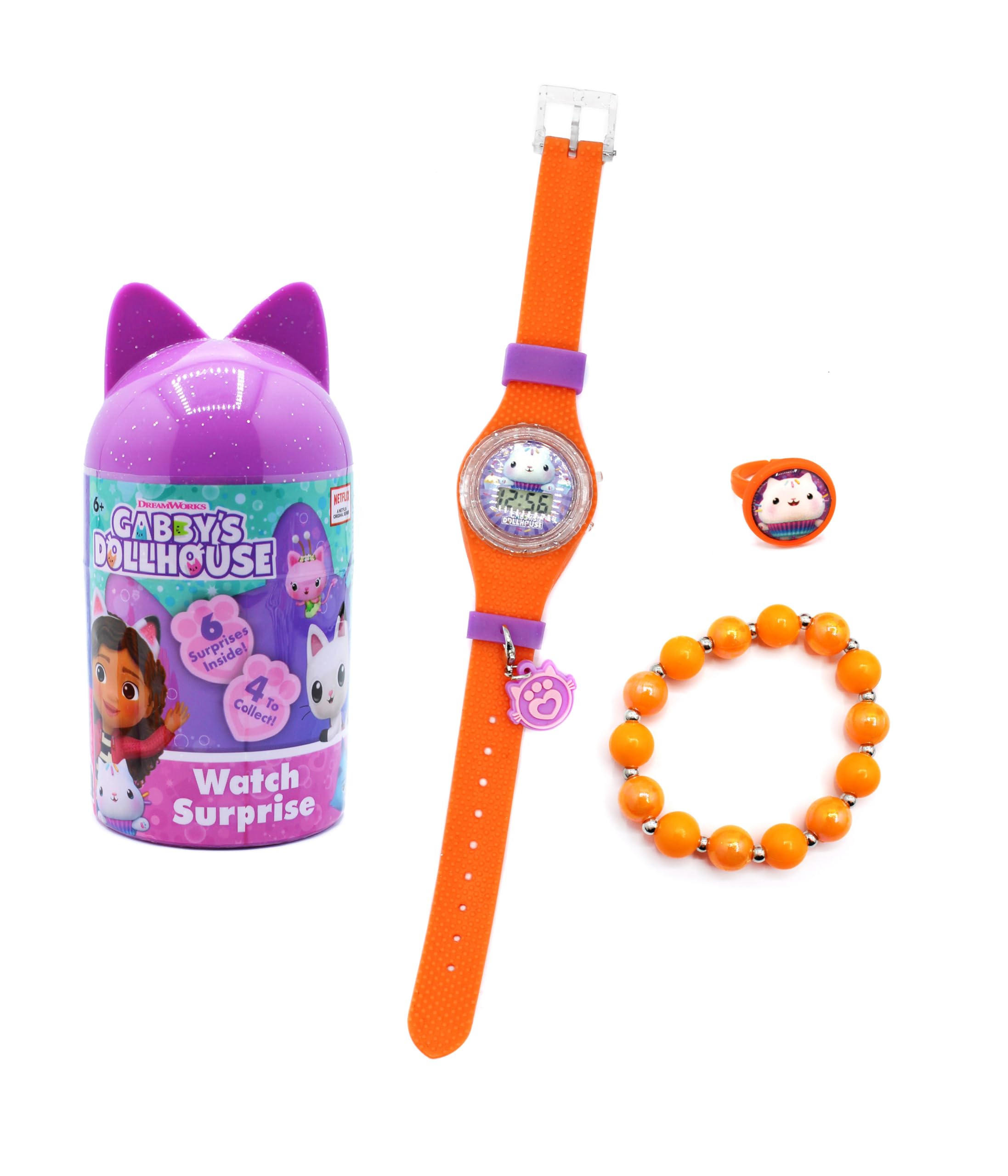 Joy Toy - Gabby's Dollhouse: 1 zestaw zegarków z bransoletką niespodziankę po przypadkowej recepcie (każde opakowanie zawiera zegarek na rękę, charms, bransoletka, pierścionek - 4 wzory