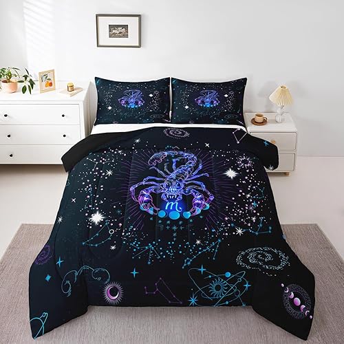 Erosebridal Juego de ropa de cama Queen Trippy Cosmos de Escorpio, juego de ropa de cama de nebulosa azul neón y colección de edredón de plumón de