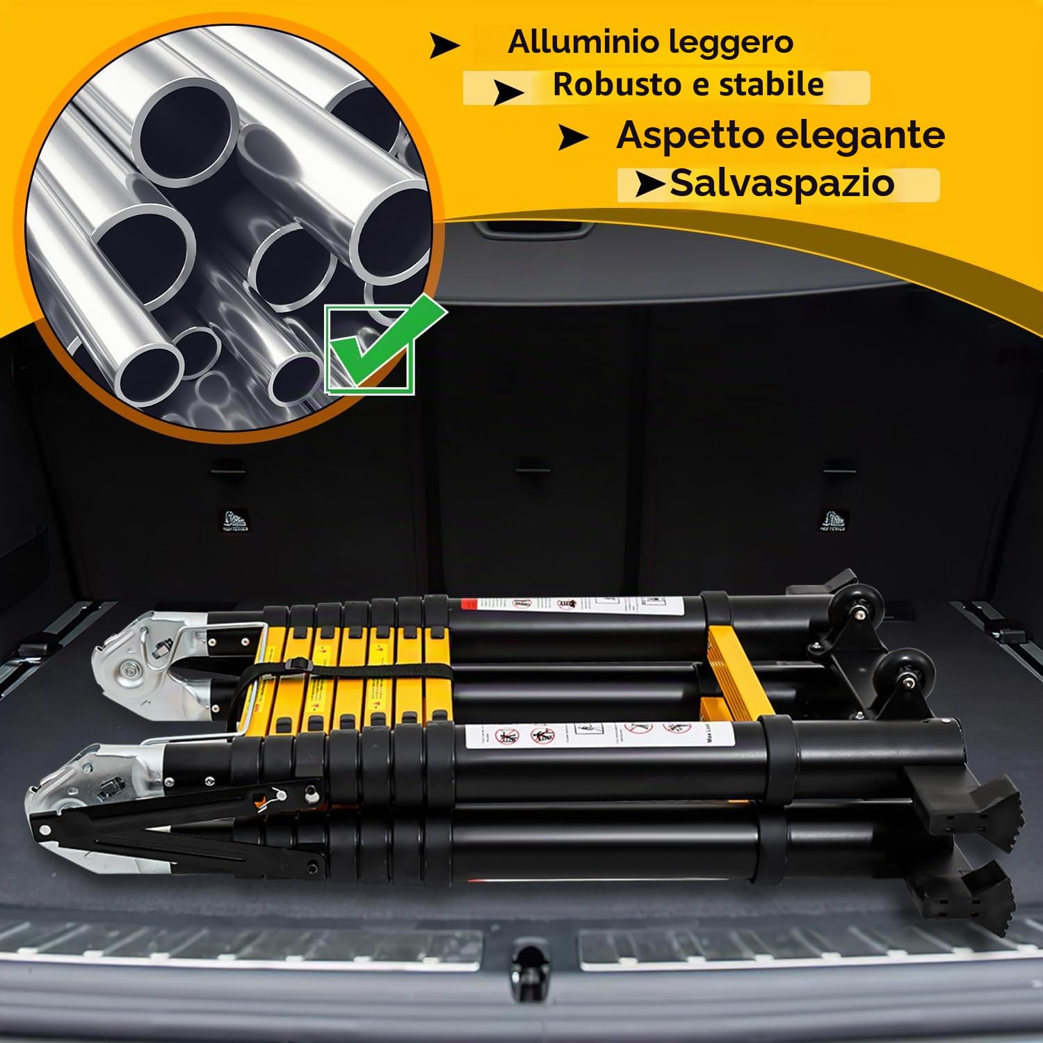 Eulenke Scala telescopica in alluminio 5 m / 2,5m + 2,5m, scala pieghevole con bilanciere e ruote, scala retrattile portata 150 kg, scala pieghevole salvaspazio, antiscivolo, nero e giallo