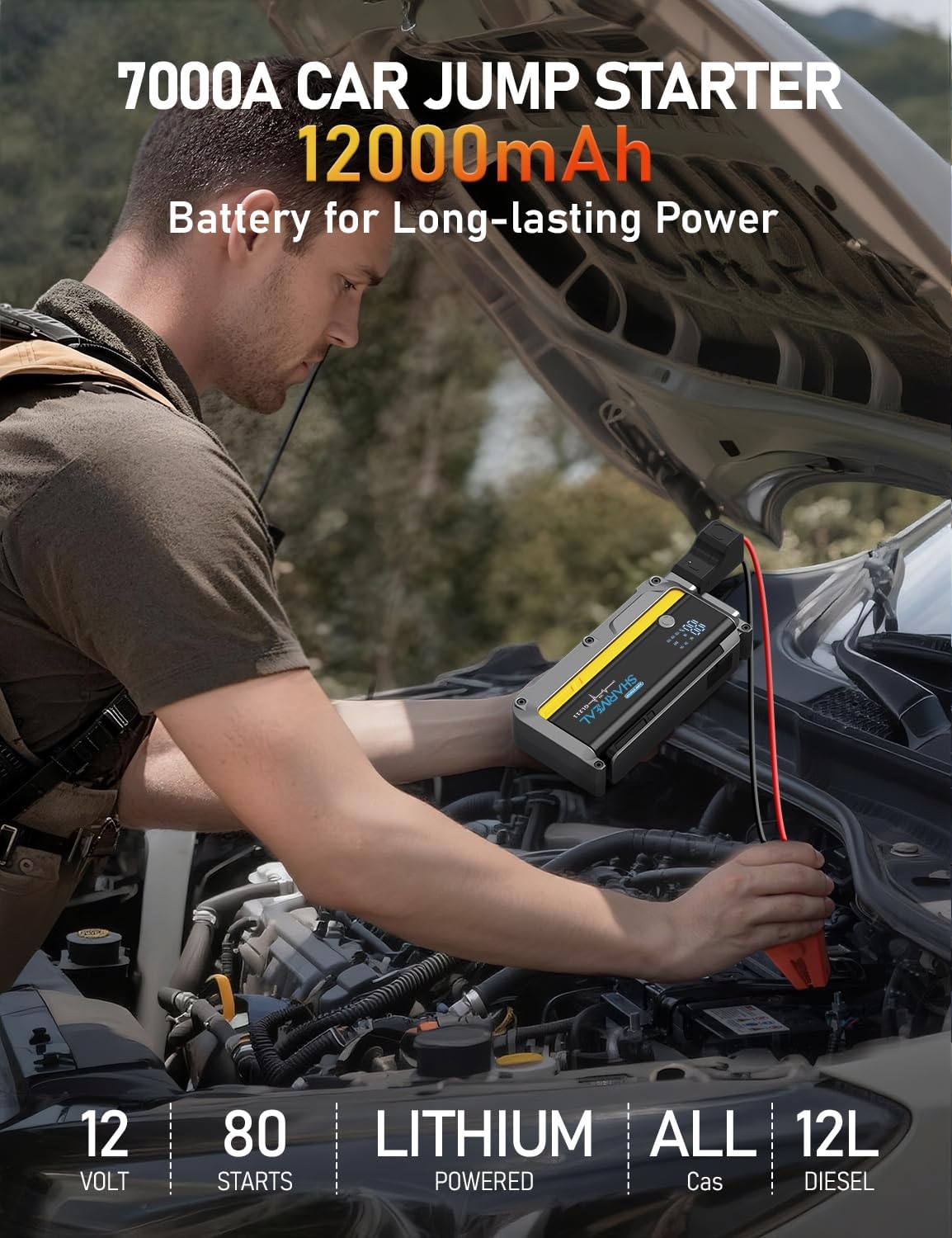 Sharmeal 7000A Car Battery Jump Starter, 12000mAh Car Jumper Starter Battery Pack for Up to All Gas & 12.0L Diesel Engines, 12V Jump Box with 3 Modes Flashlight and Jumper Cable(Yellow-7000A) - Image 2