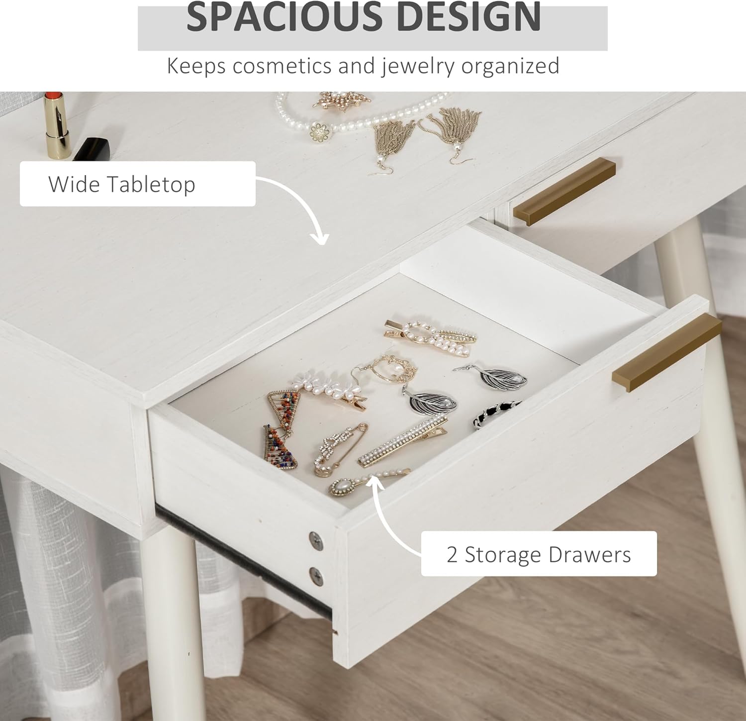 Open drawer of HOMCOM Dressing Table showing storage space