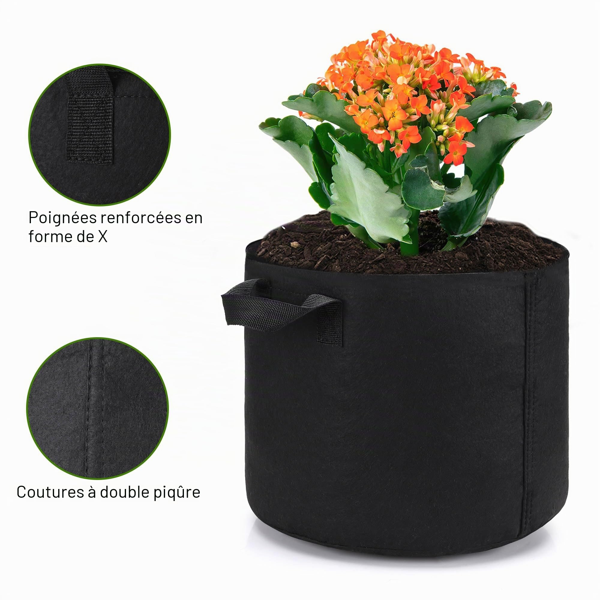 OPPOLIFE Lot de 12 Sacs de Culture pour Plantes de 10 litres, Pots en Tissu d'aération Robustes avec poignées pour Jardin et Plantation en extérieur (Noir)