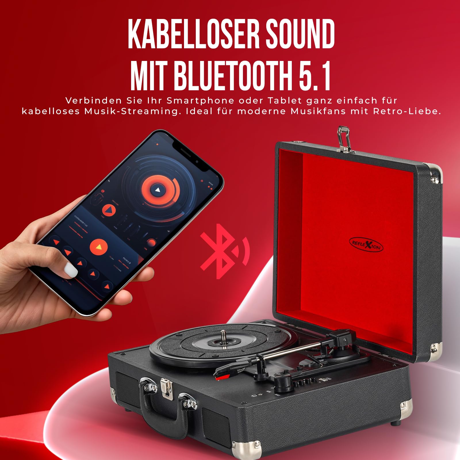 Reflexion HIF1979BT Retro Plattenspieler mit Bluetooth 5.1, MP3-Aufnahme auf USB, Lautsprecher, AUX, 3 Geschwindigkeiten, tragbarer Koffer-Turntable in Holzoptik mit Leder-Design