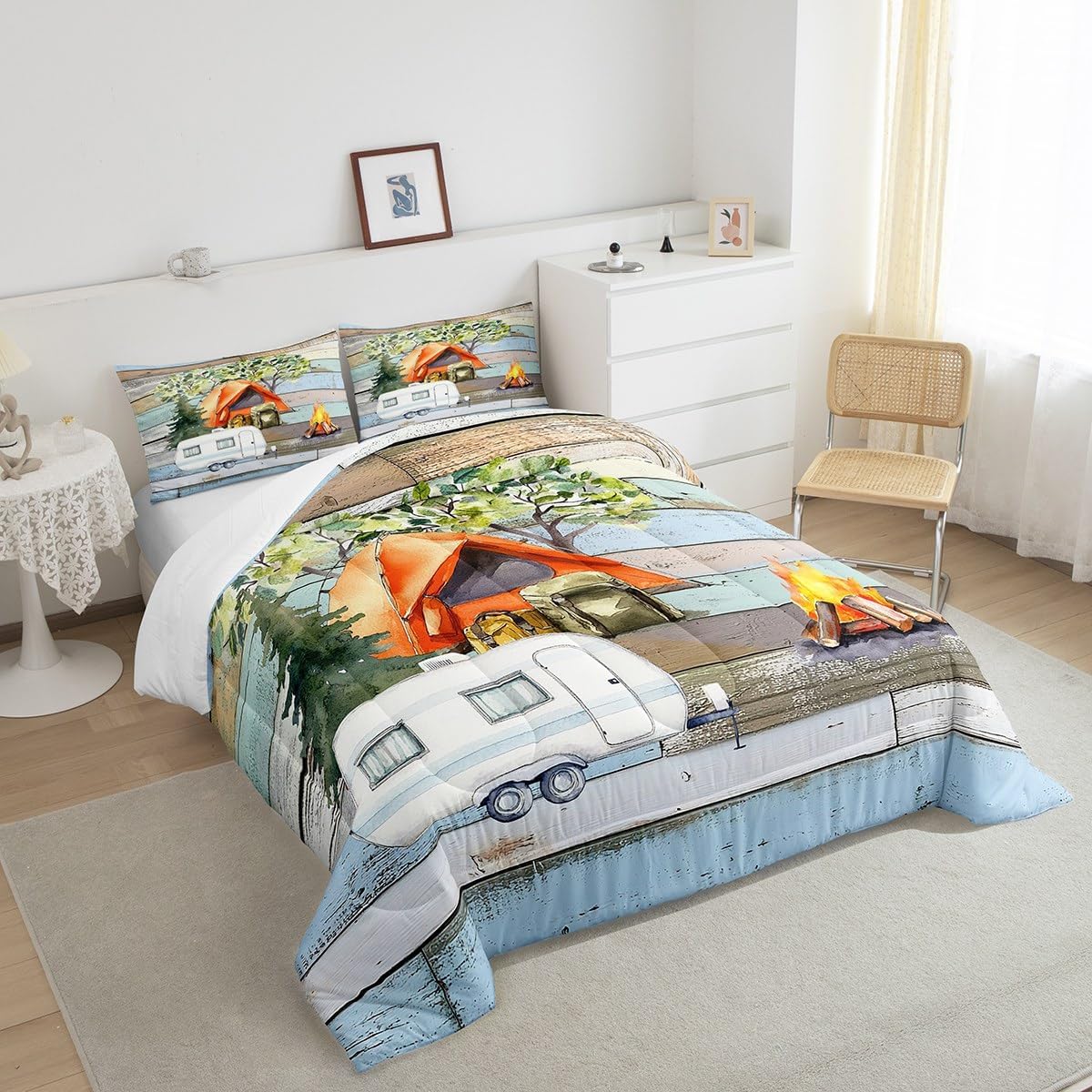 Castle Fairy Watercolor Camping Theme Bed Comforter Set Queen Size,RV Trailer Camp Tent Super Soft Microfiber Bedding for Adults Teens,Retro Farmhouse Wooden Grain Set,2 Pillowcases