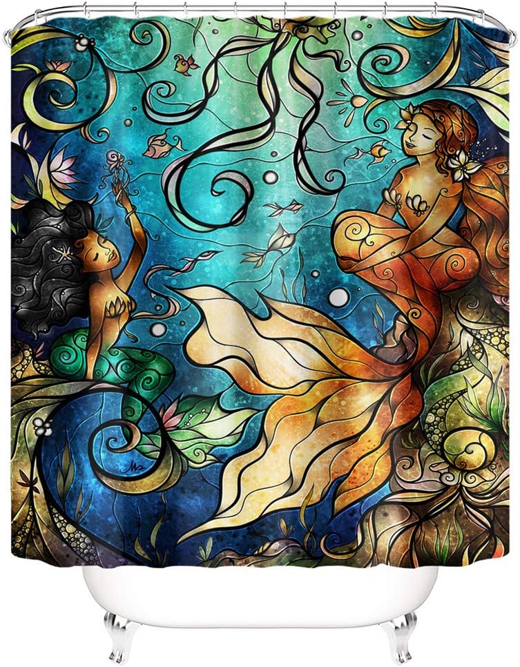 flowerlove Boho Mermaid Shower Curtain Sets with Non-Slip Rugs Toilet Lid Cover and Bath Mat Durable Blue Bathroom Mats Waterproof 12 Hooks